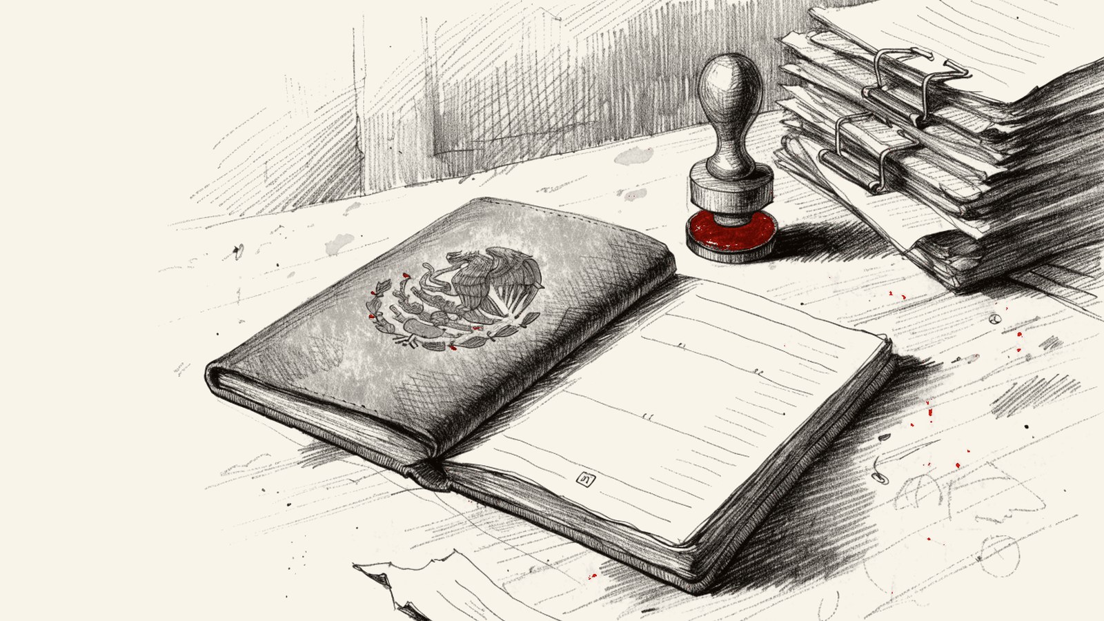 Ilustración: pasaporte mexicano abierto junto a un sello y expedientes