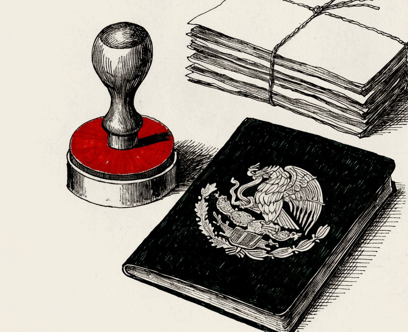Ilustración: archivo burocrático inmenso con un cajón abierto y expedientes derramados